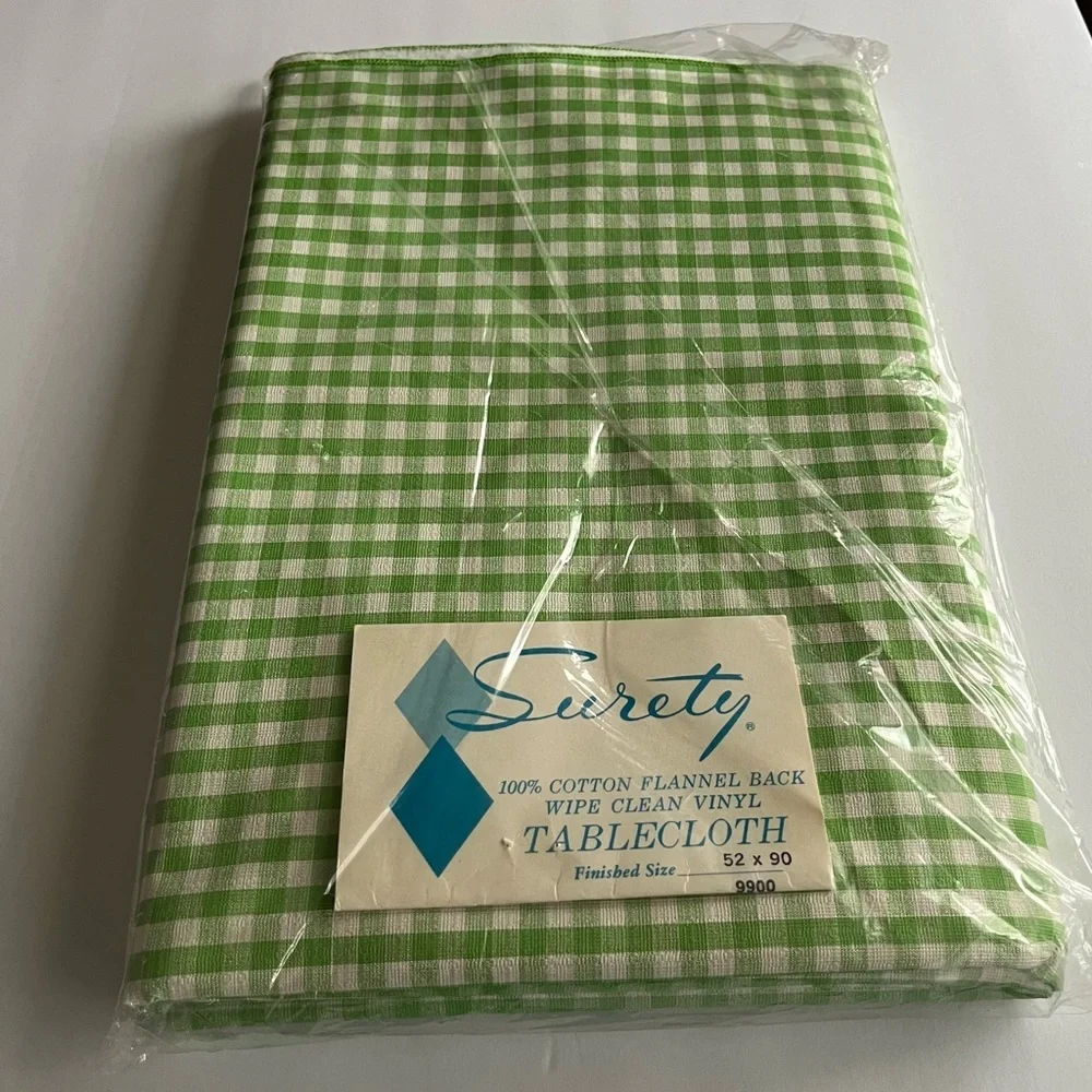 MCM Tablecloth Vinyl Gingham Green Plaid 52” x 90” Surety VTG Open Package New